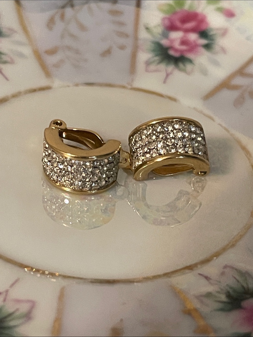 Vintage Givenchy Swarovski Crystal Gold Plated Half Hoop Clip-On Earrings